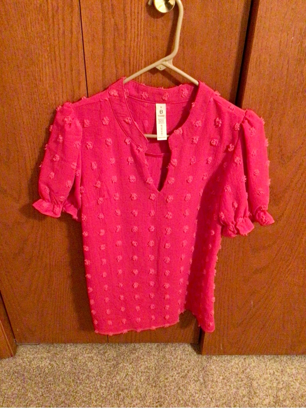 bobeau Hot Pink Textured Puff-Sleeve Blouse